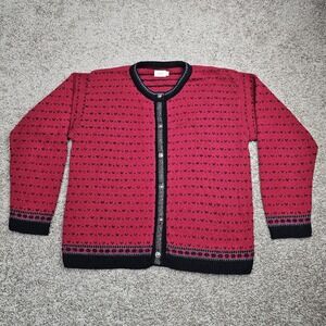 Vtg Alps Wool Cardigan Sweater Red Floral Trim Women's Size M Scandinavian